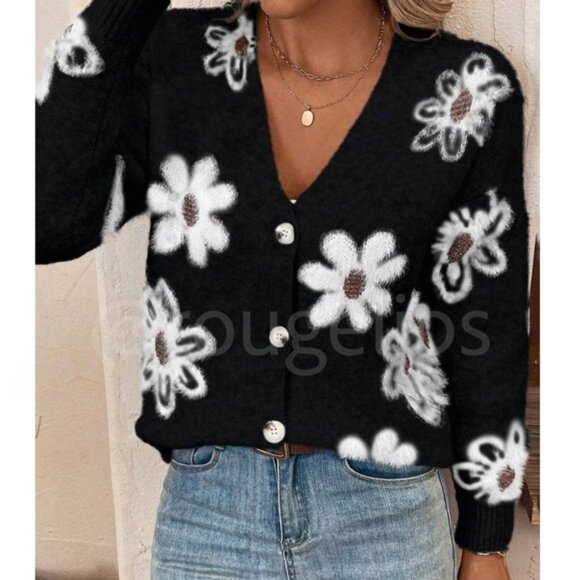 Women Black Cardigan Knit Flower Textured Button Front Stretchy - Picture 1 of 7